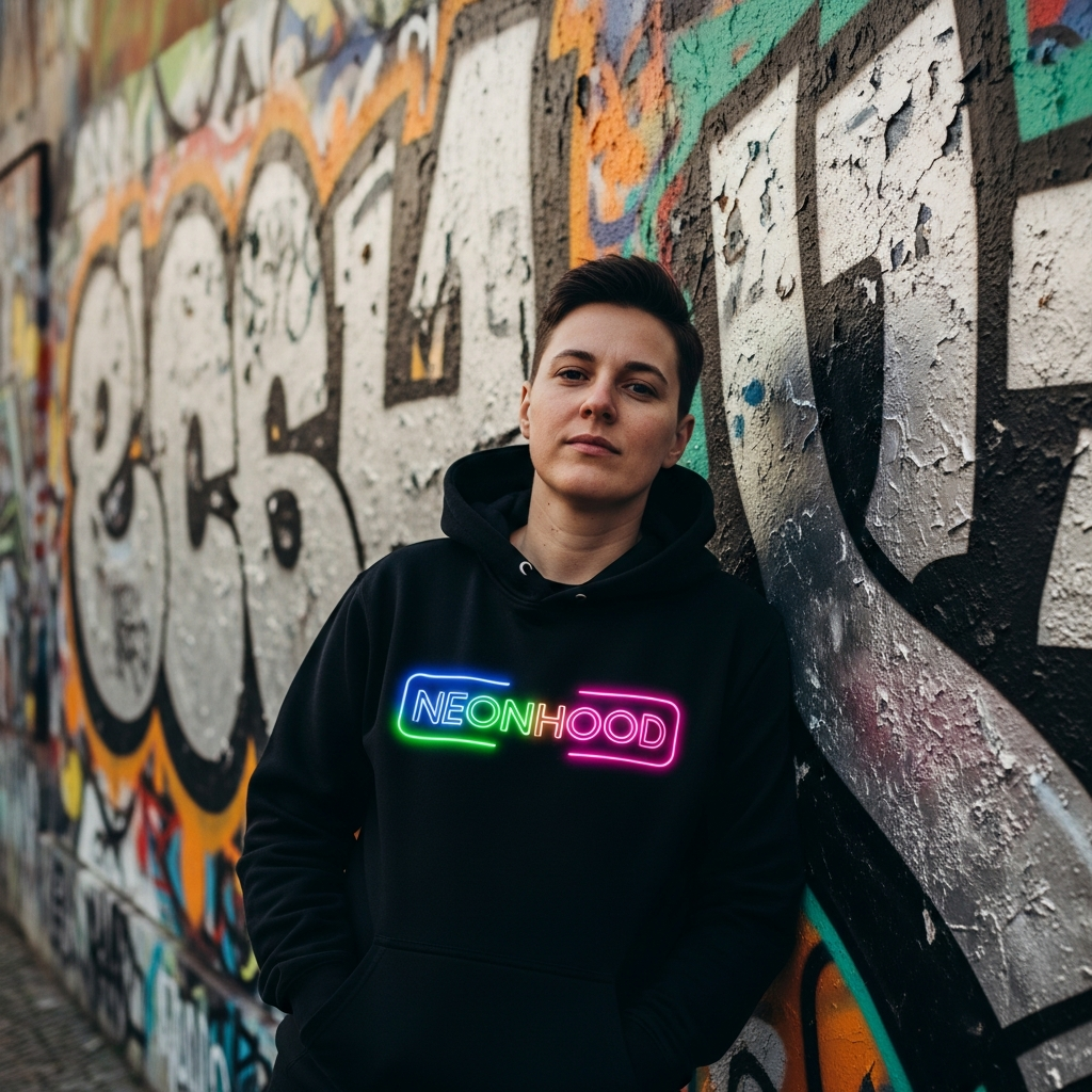 A person wearing a NeonHood hoodie against a Berlin graffiti wall