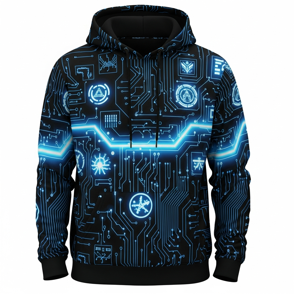 Black hoodie with blue neon cyber-print