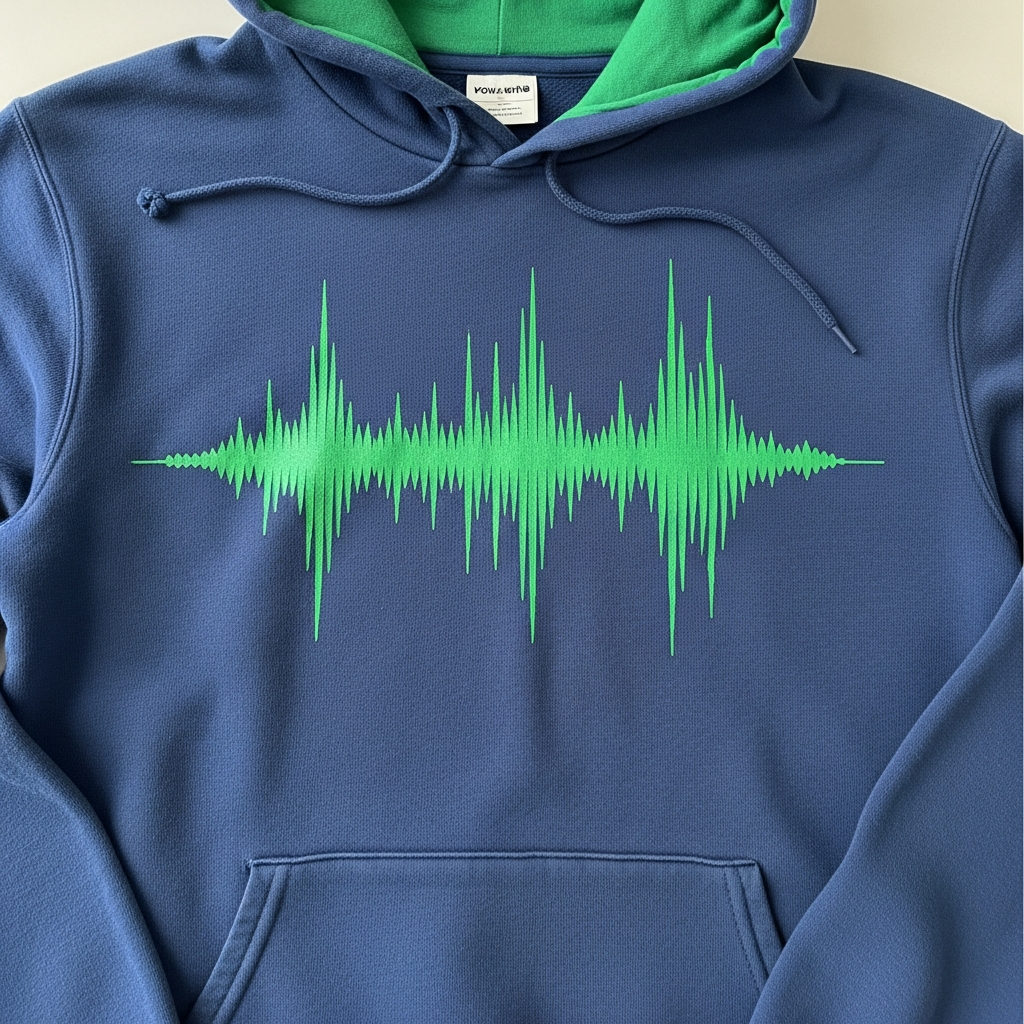 Dark blue hoodie with green audio wave print