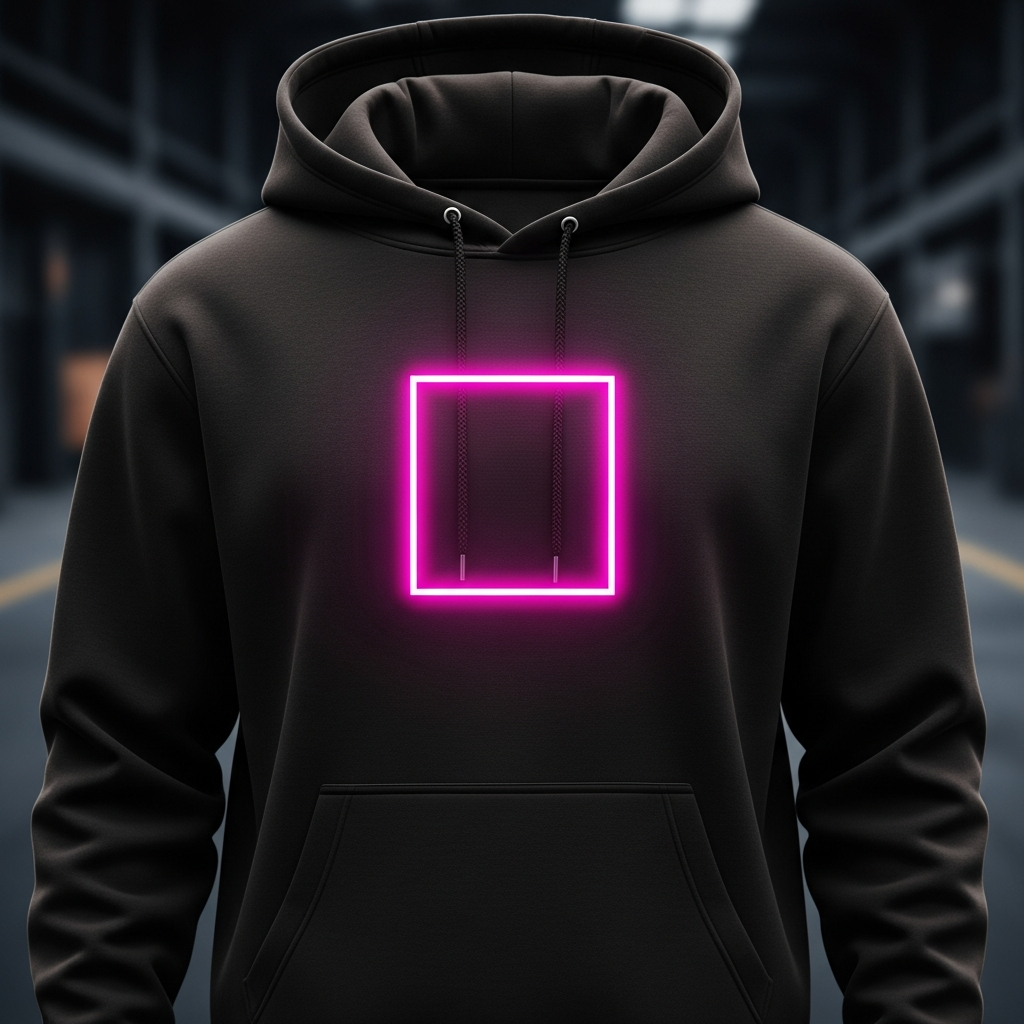 Black hoodie with minimalist pink neon square